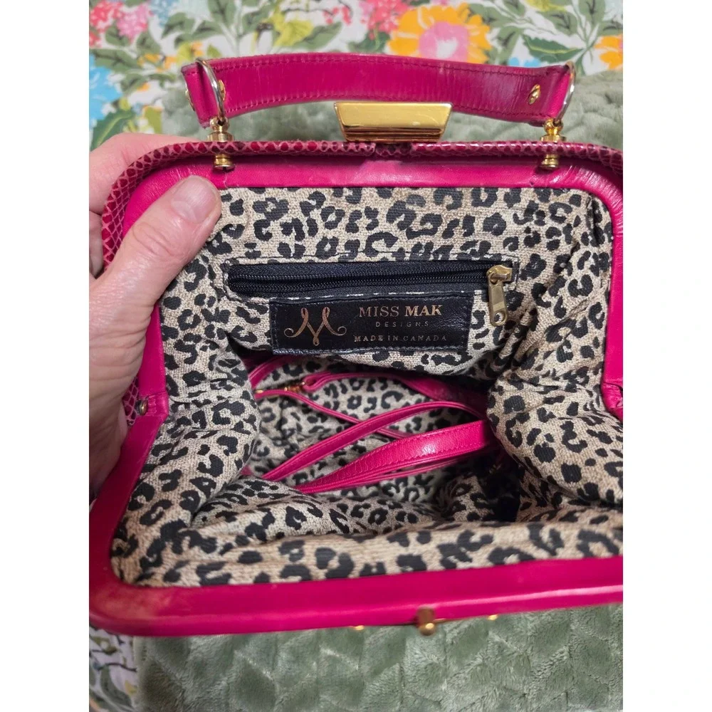 Vintage Style Magenta Faux Snakeskin Frame Handbag Gold Hardware Top Handle Bag